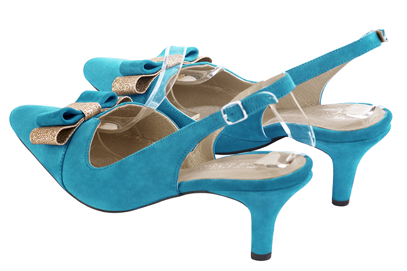 Turquoise blue and gold women's open back shoes, with a knot. Tapered toe. Medium slim heel. Rear view - Florence KOOIJMAN